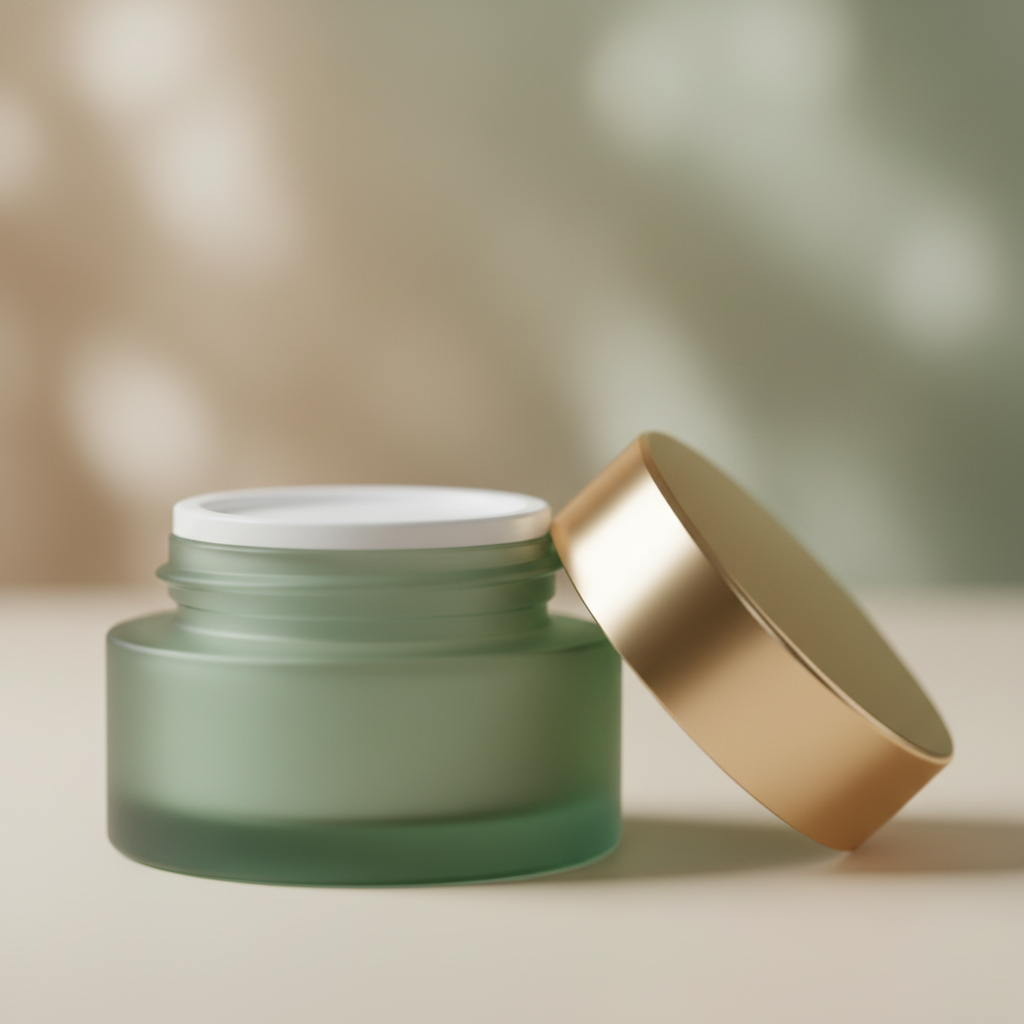 Close-up of sage green cosmetic jar showing gold rim and inner seal
