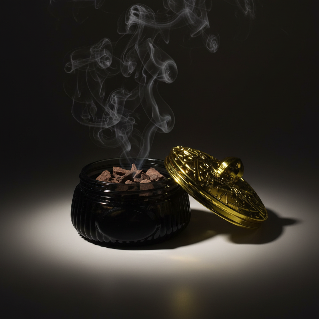 Luxury Black and Gold Bakhoor Jar - Open Lid with Incense Smoke