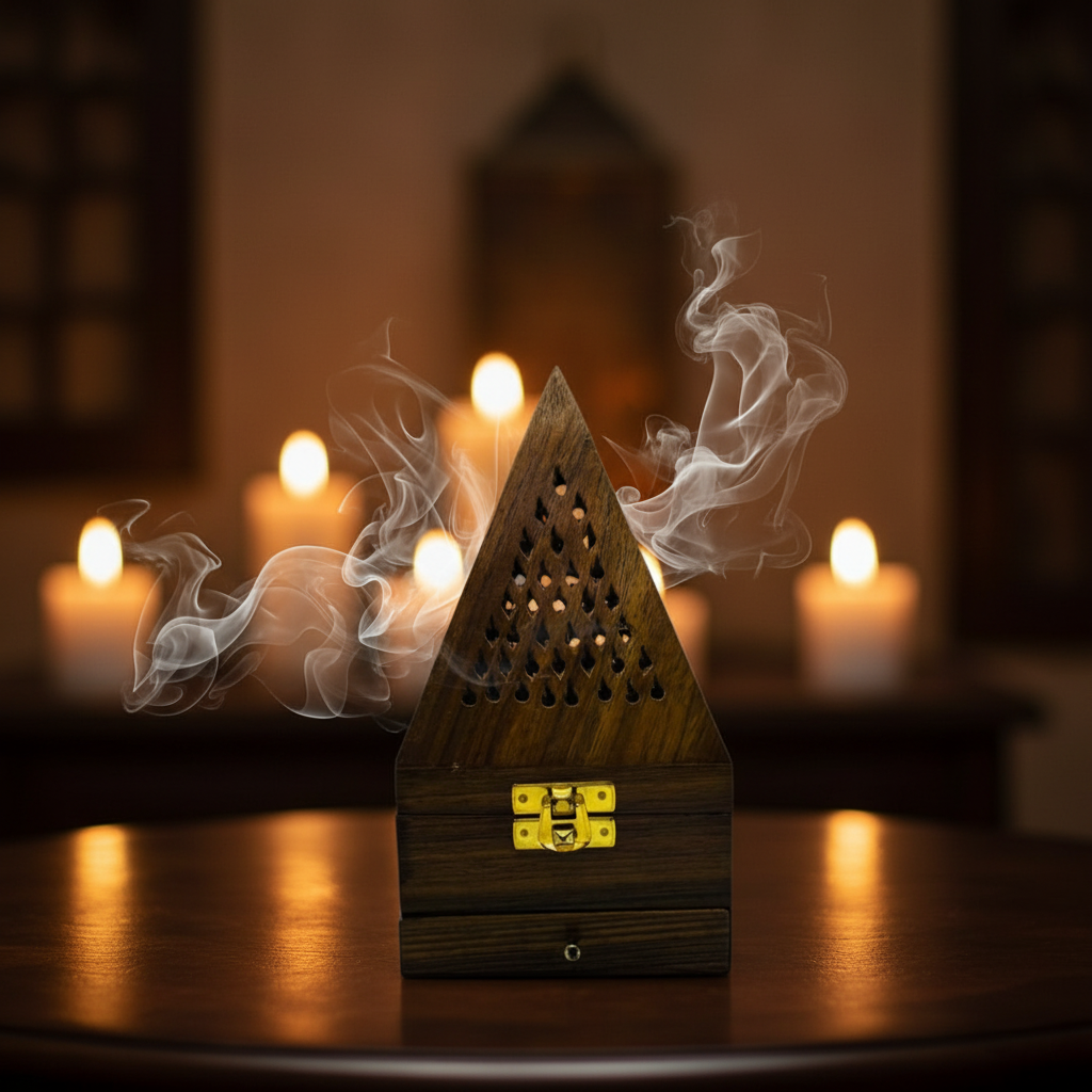 Vintage wooden pyramid burner with dramatic smoke in candlelight setting