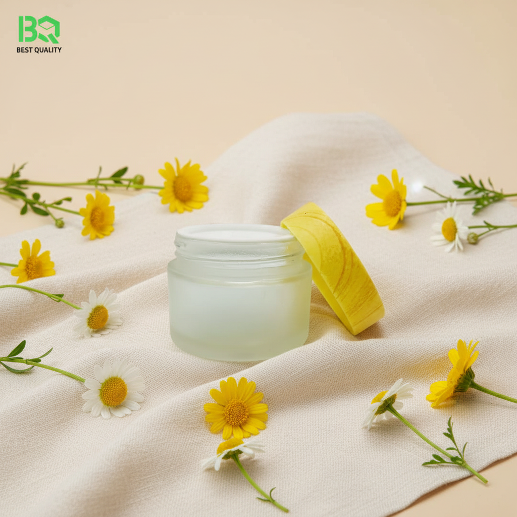 Frosted cosmetic jar flat lay with yellow wildflowers and chamomile on beige background