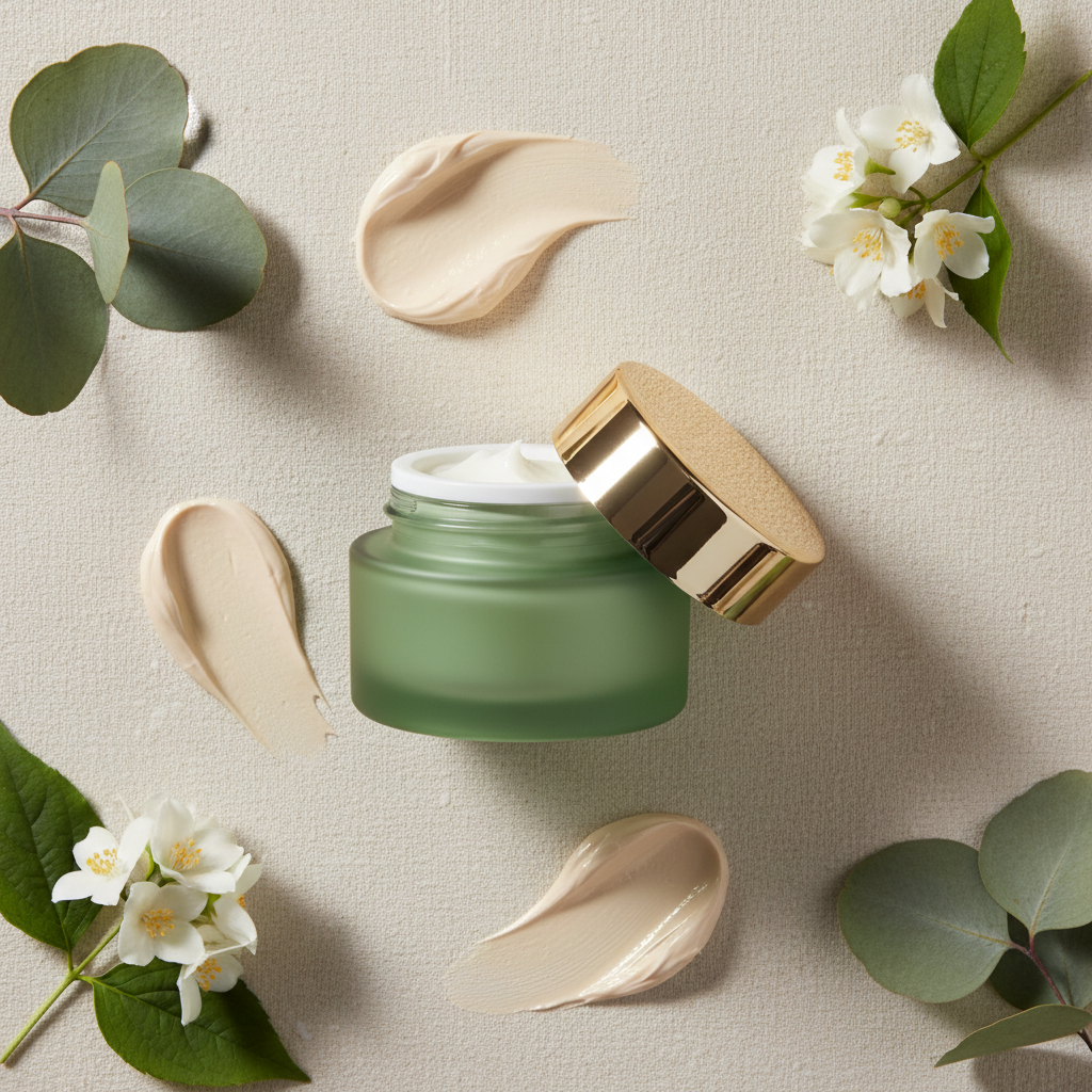 Sage green cosmetic jar flat lay with white flowers and eucalyptus leaves