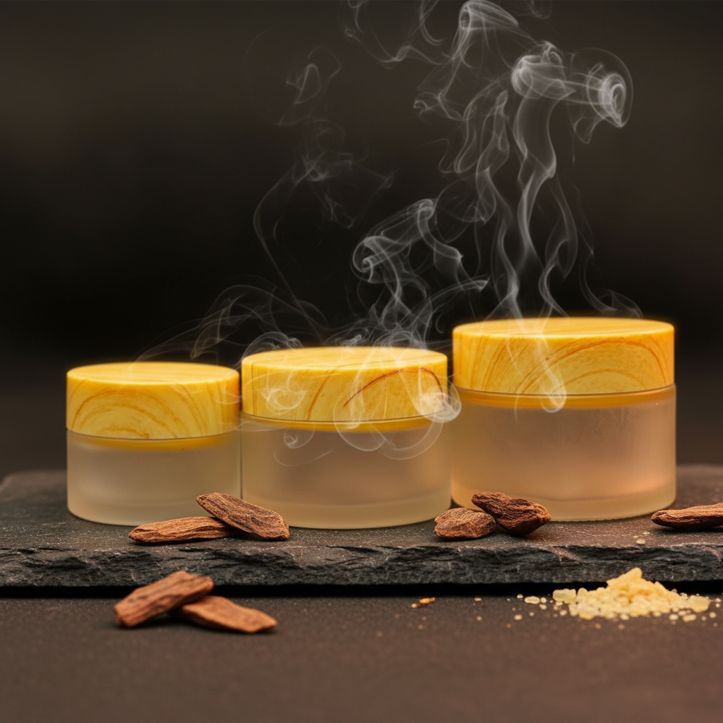 Three frosted bakhoor jars with yellow lids on dark stone with oud and incense smoke