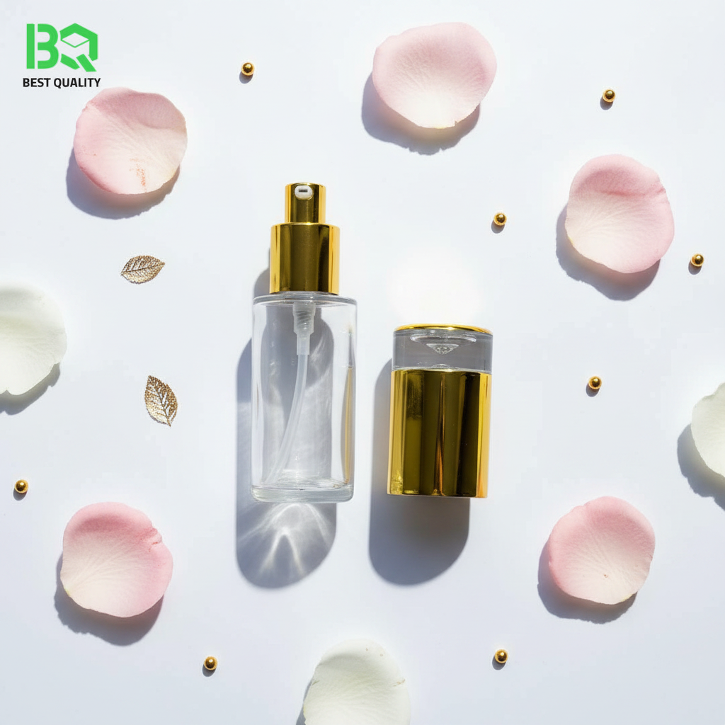 Luxury lotion pump bottle flat lay with gold accents