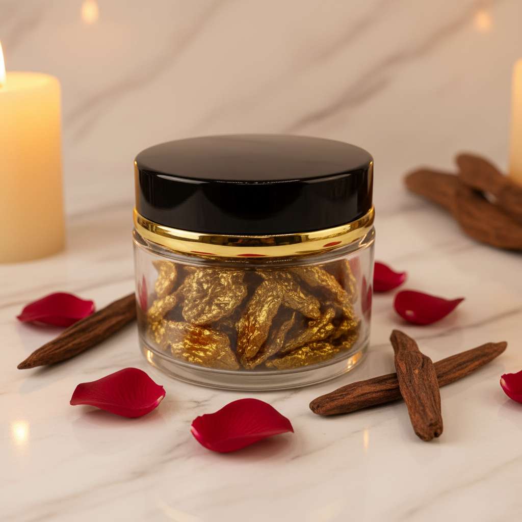 Clear glass Bakhoor jar lifestyle shot on marble with oud and candlelight