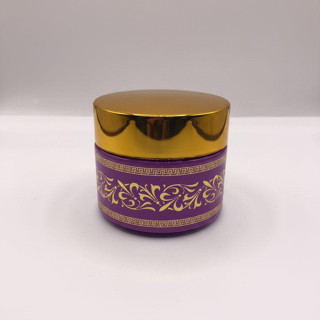 Purple gold arabesque bakhoor jar studio white background