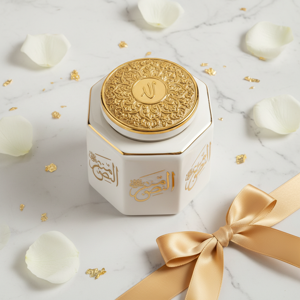 Luxury White Bakhoor Jar flat lay on white marble with gold ribbon and rose petals