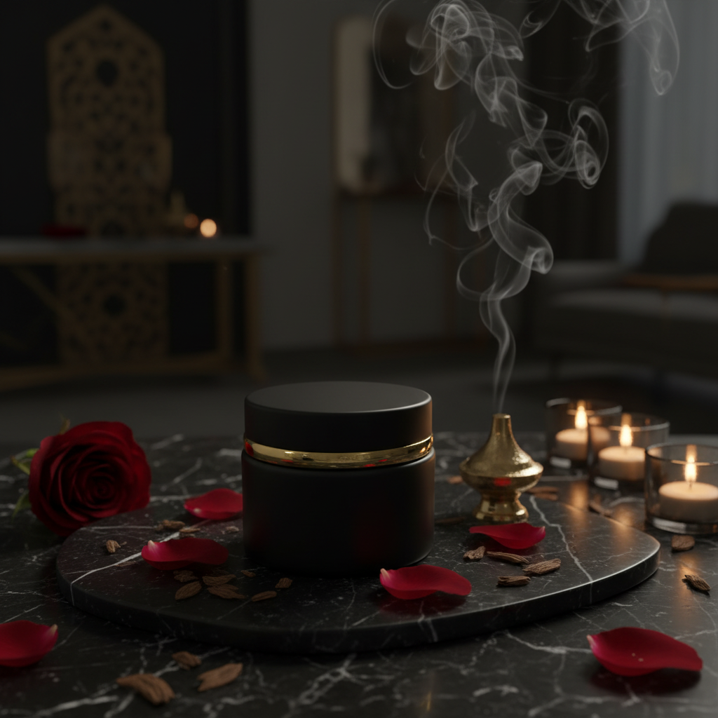 Matte black Bakhoor jar lifestyle shot on black marble with oud and candlelight