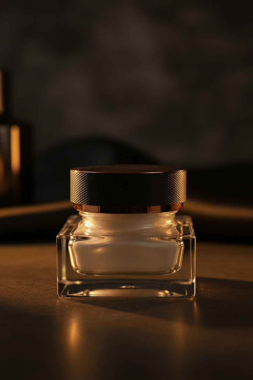 Square glass jar dark moody lifestyle shot