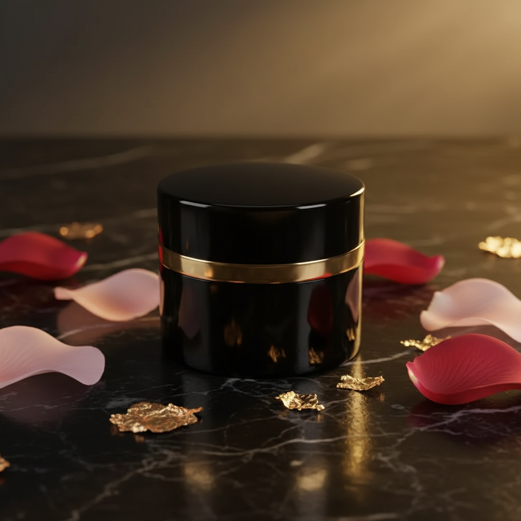 Luxury glossy black cosmetic jar with gold band on black marble with rose petals