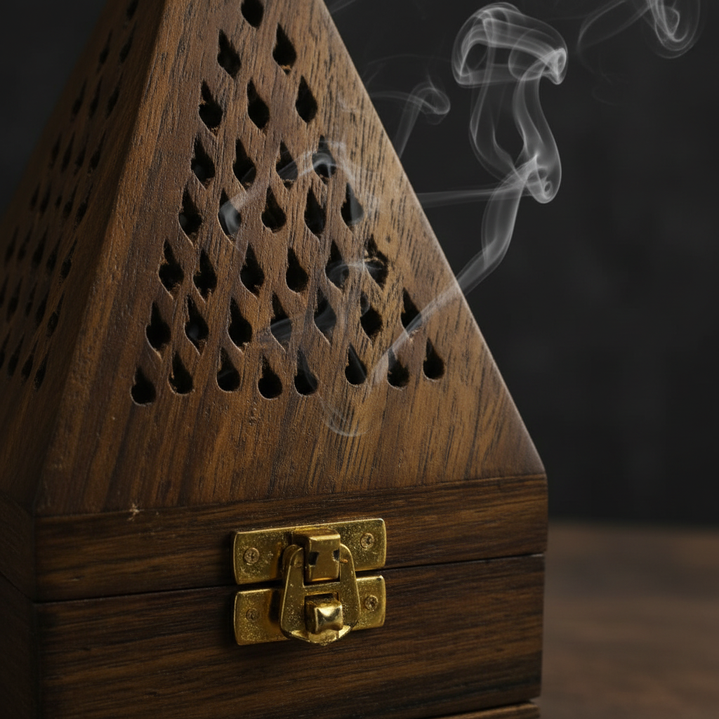 Close-up of diamond lattice carving and gold clasp on wooden pyramid burner