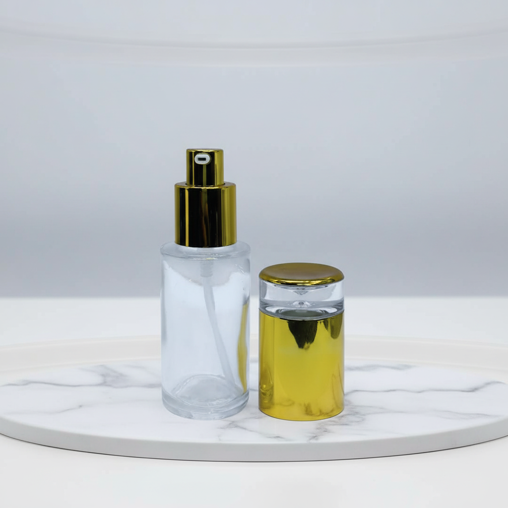 Luxury lotion pump bottle on white marble surface
