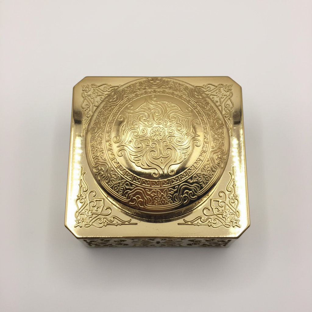Ornate filigree Bakhoor jar – overhead top-down view of embossed arabesque lid
