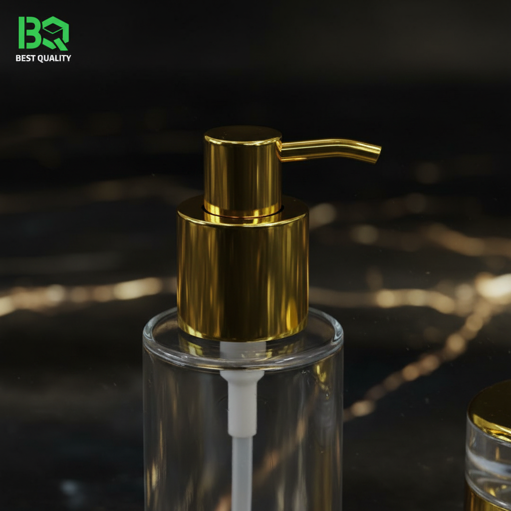 Close-up gold pump dispenser detail shot