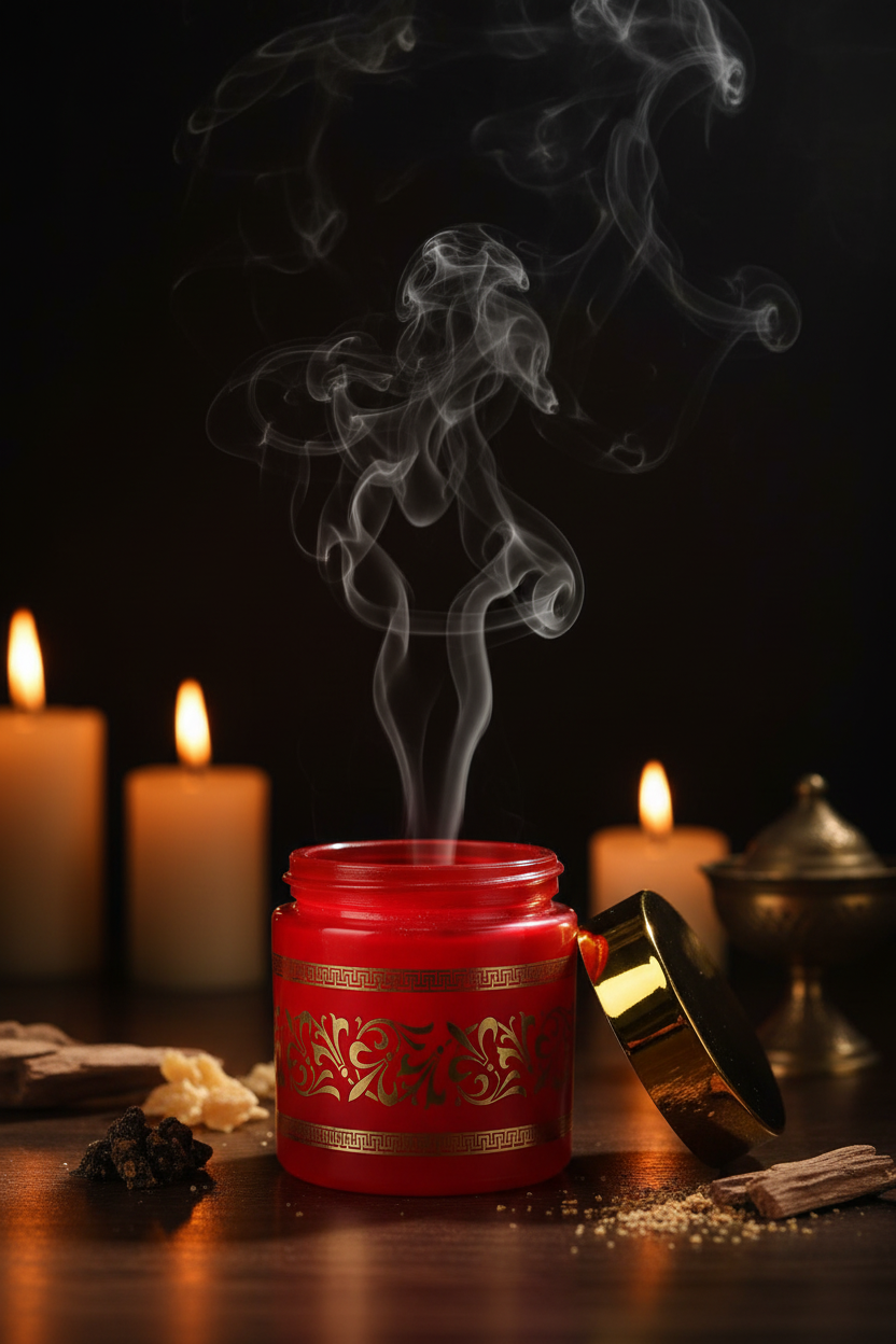 Red bakhoor jar dark candlelight lifestyle shot