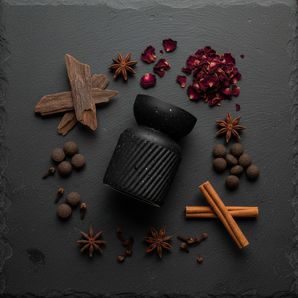 Matte black bakhoor burner flat lay with oud wood rose petals and Arabian spices