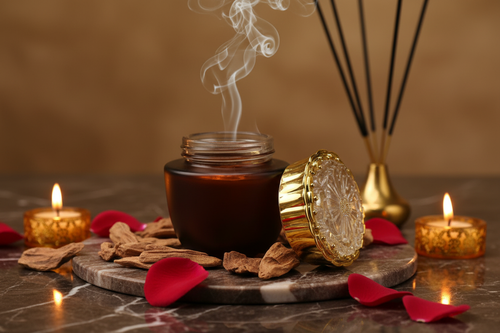 Amber gold bakhoor jar oud incense marble editorial