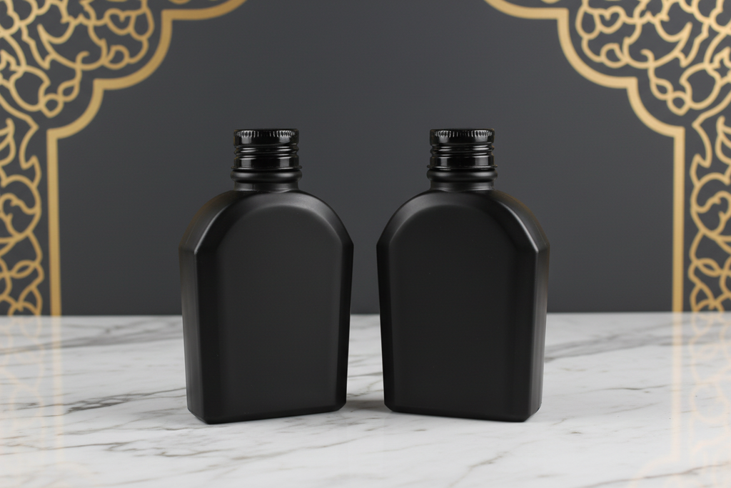 Matte black glass bottle editorial marble surface