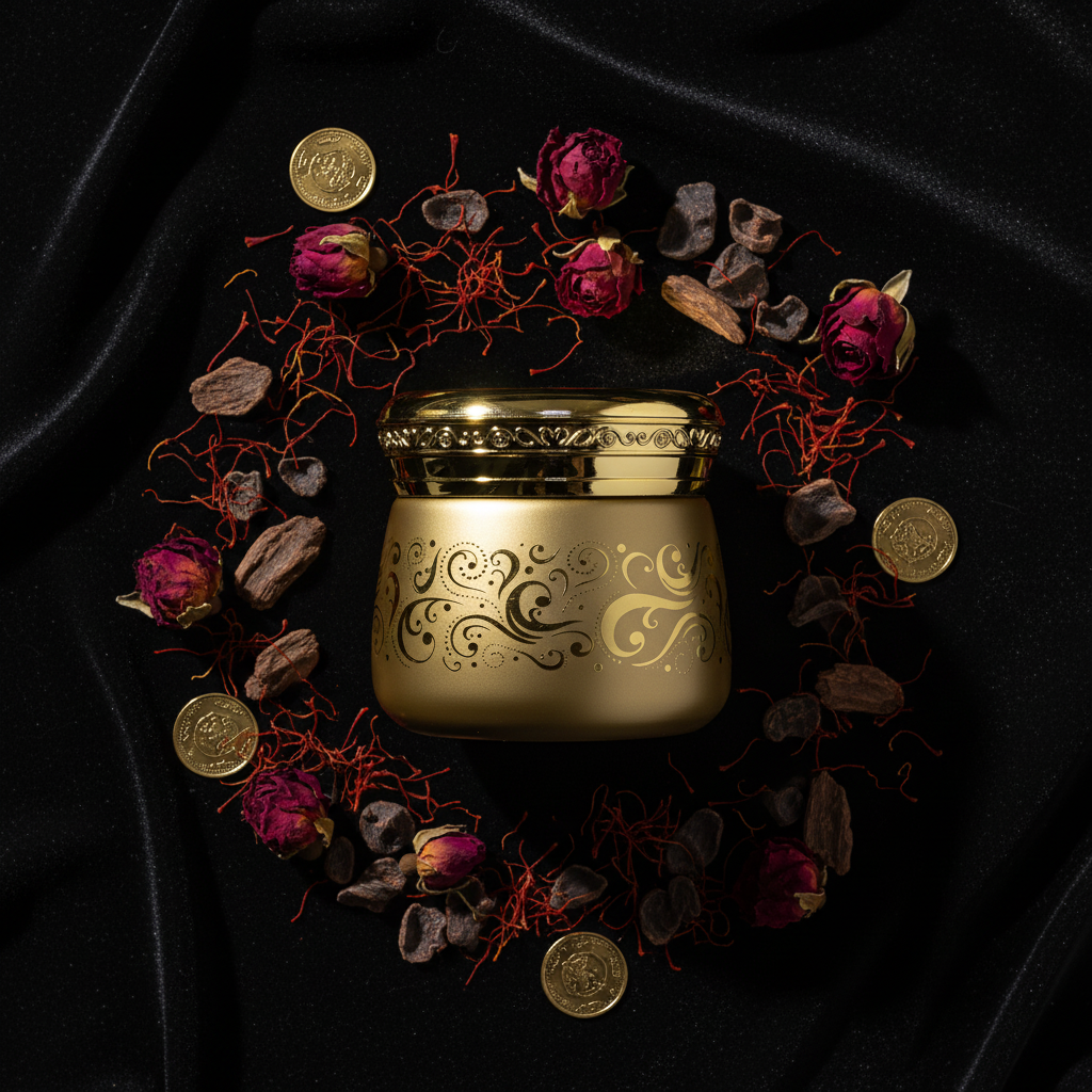 Golden Bakhoor Jar Flat Lay Overhead