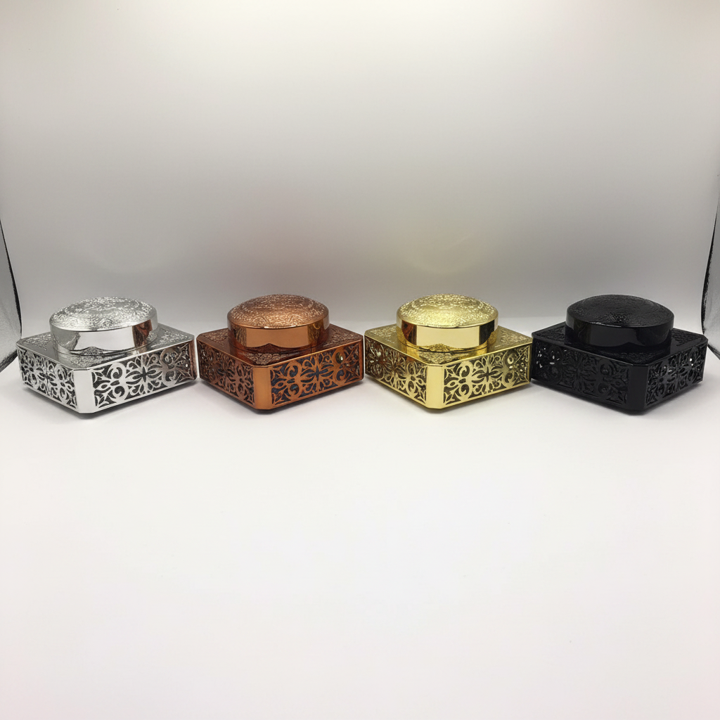 Ornate filigree Bakhoor jar – all four color variants together