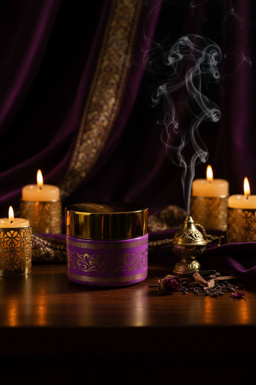 Purple bakhoor jar dark candlelight lifestyle shot