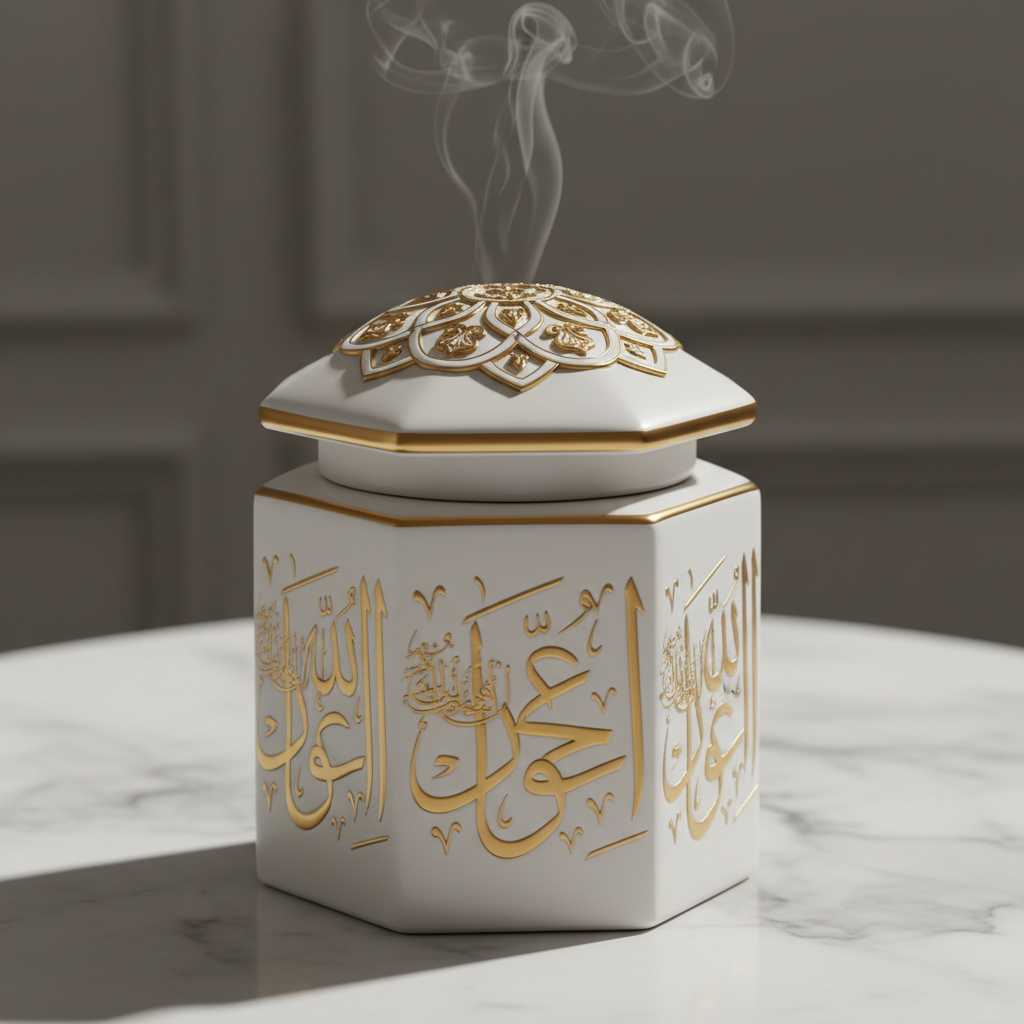 Luxury White Bakhoor Jar clean studio shot on white marble