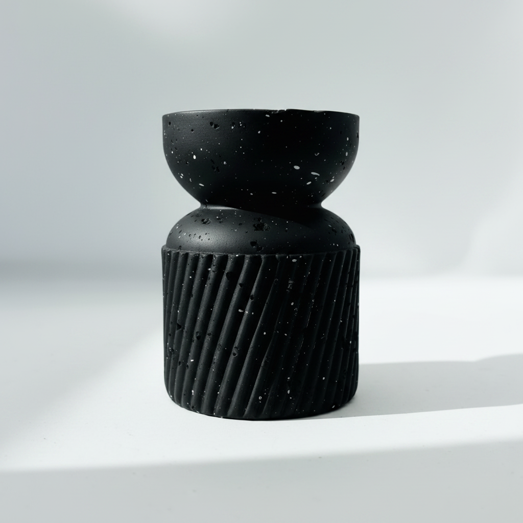 Close-up of matte black speckled texture and ribbed base of bakhoor burner