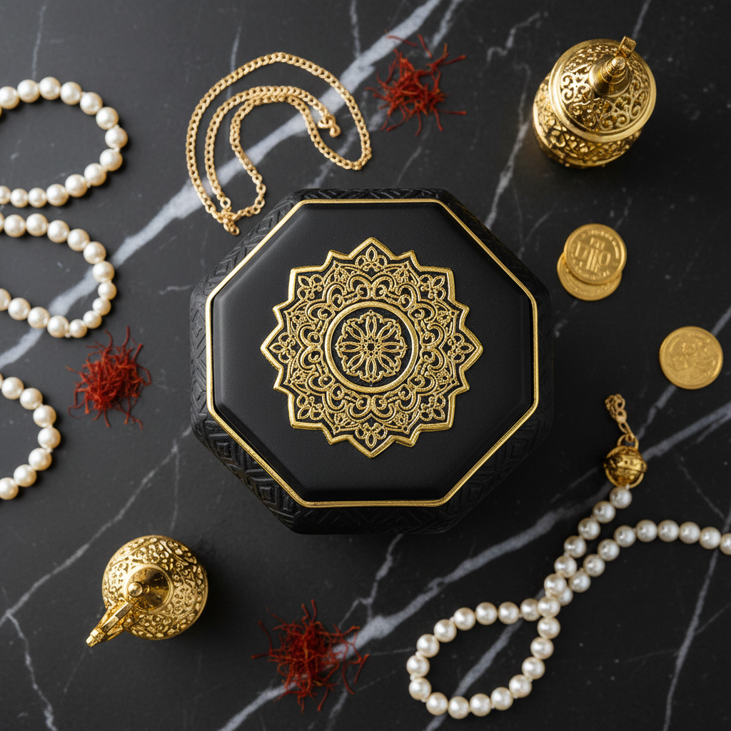 Luxury Black Bakhoor Jar flat lay on black marble with gold accents