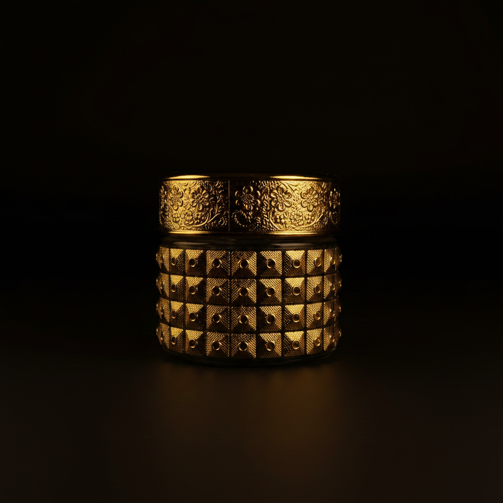 Royal gold arabesque Bakhoor jar – 45 degree angle dramatic lighting