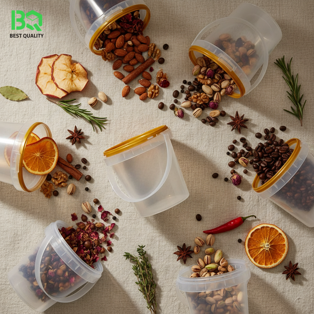 Multiple clear plastic cups flat lay with dried fruits and nuts on linen