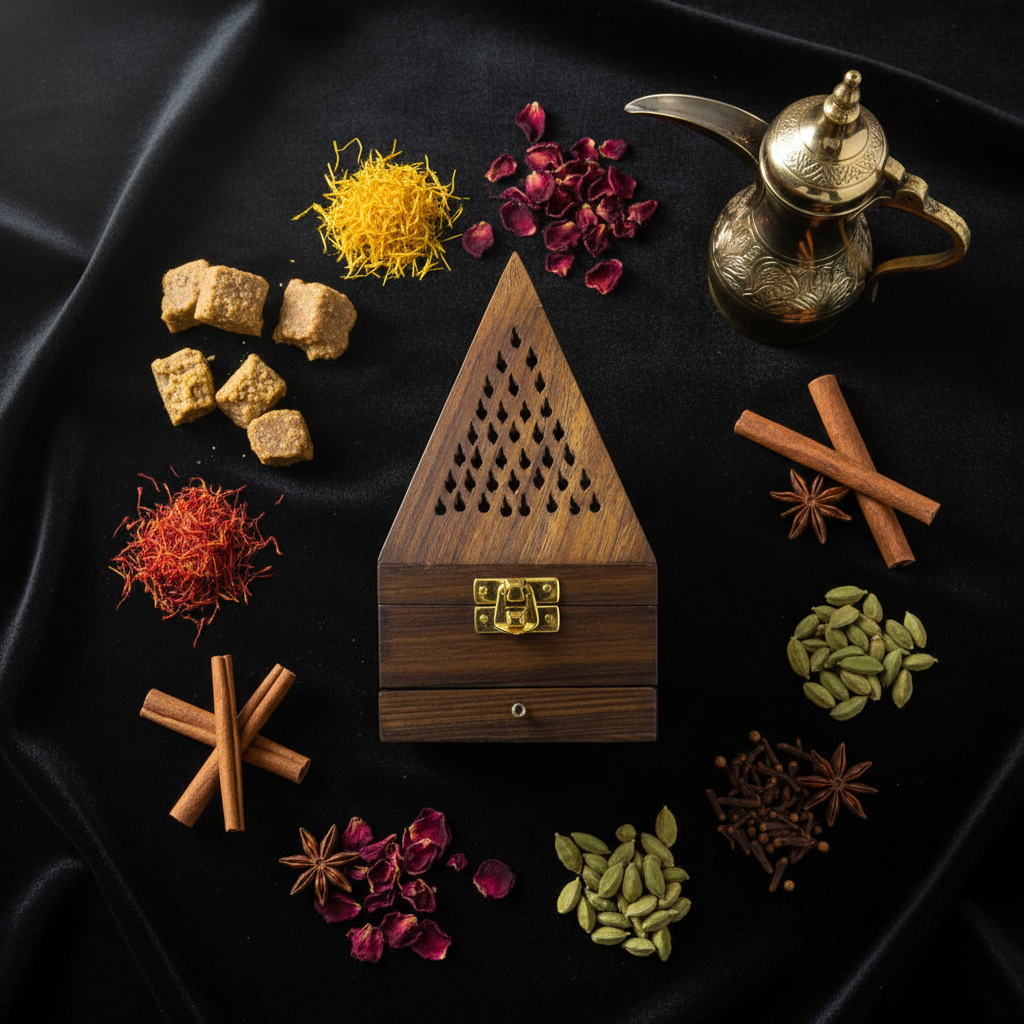 Wooden pyramid burner flat lay with oud rose petals and Arabian spices on dark velvet