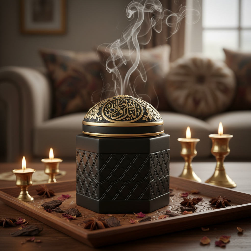 Luxury Black Bakhoor Jar lifestyle shot with incense smoke and oud chips
