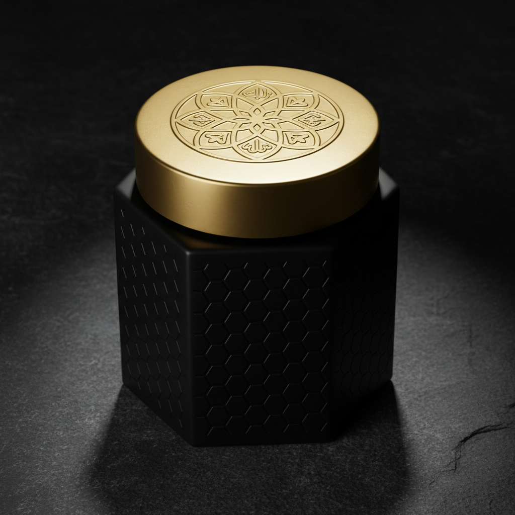 Luxury Black Bakhoor Jar dramatic studio shot on dark slate