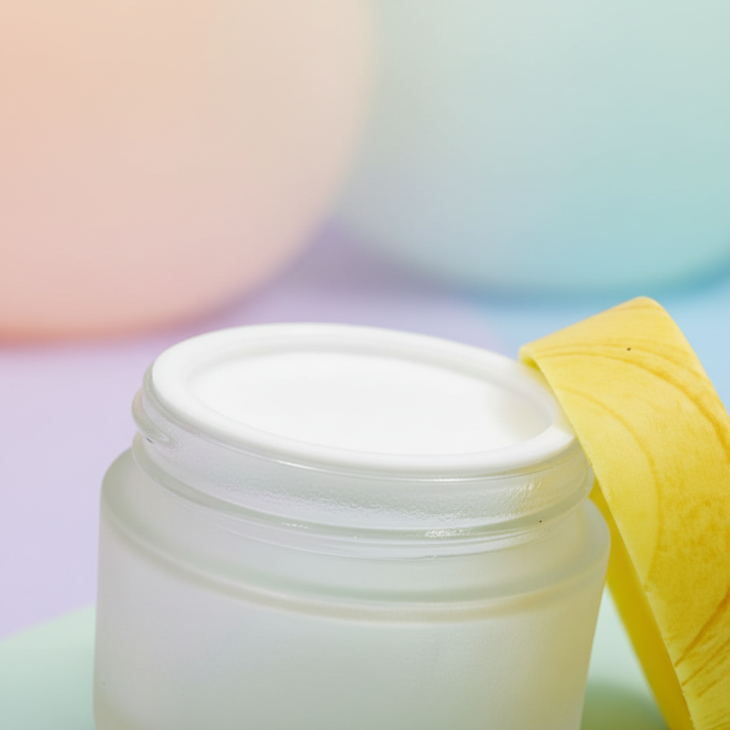 Close-up of frosted jar texture and yellow lid with white inner seal