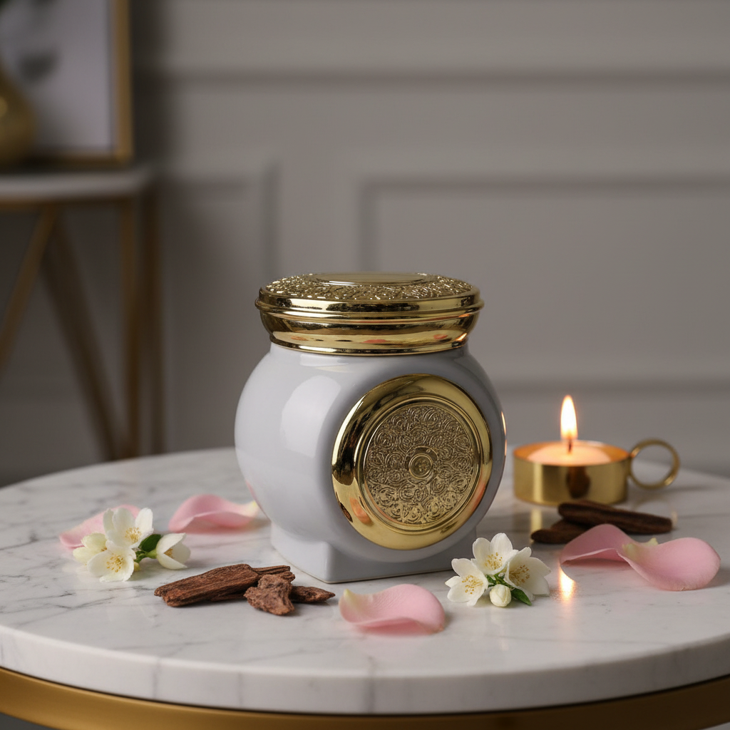 Grey ceramic Bakhoor jar lifestyle shot on marble with roses and jasmine