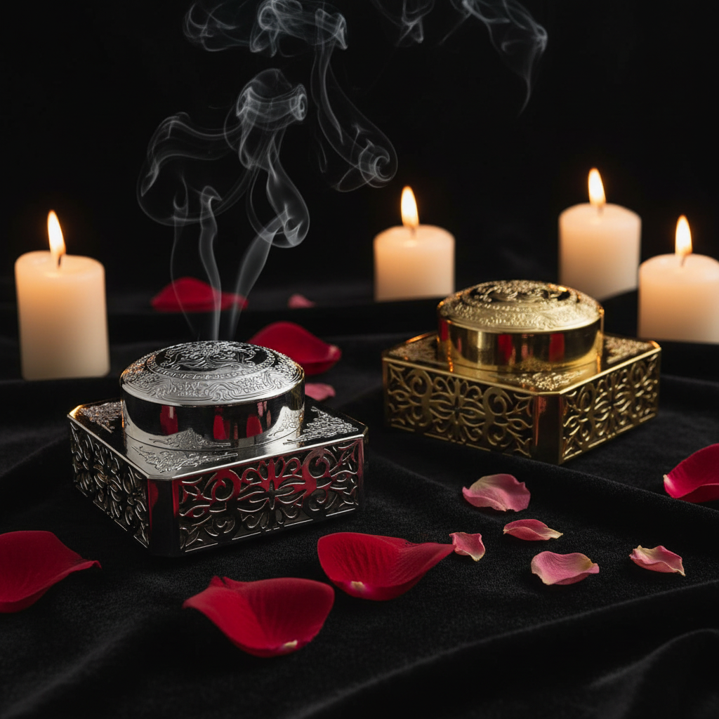 Ornate filigree Bakhoor jar lifestyle shot on black velvet with rose petals and incense smoke