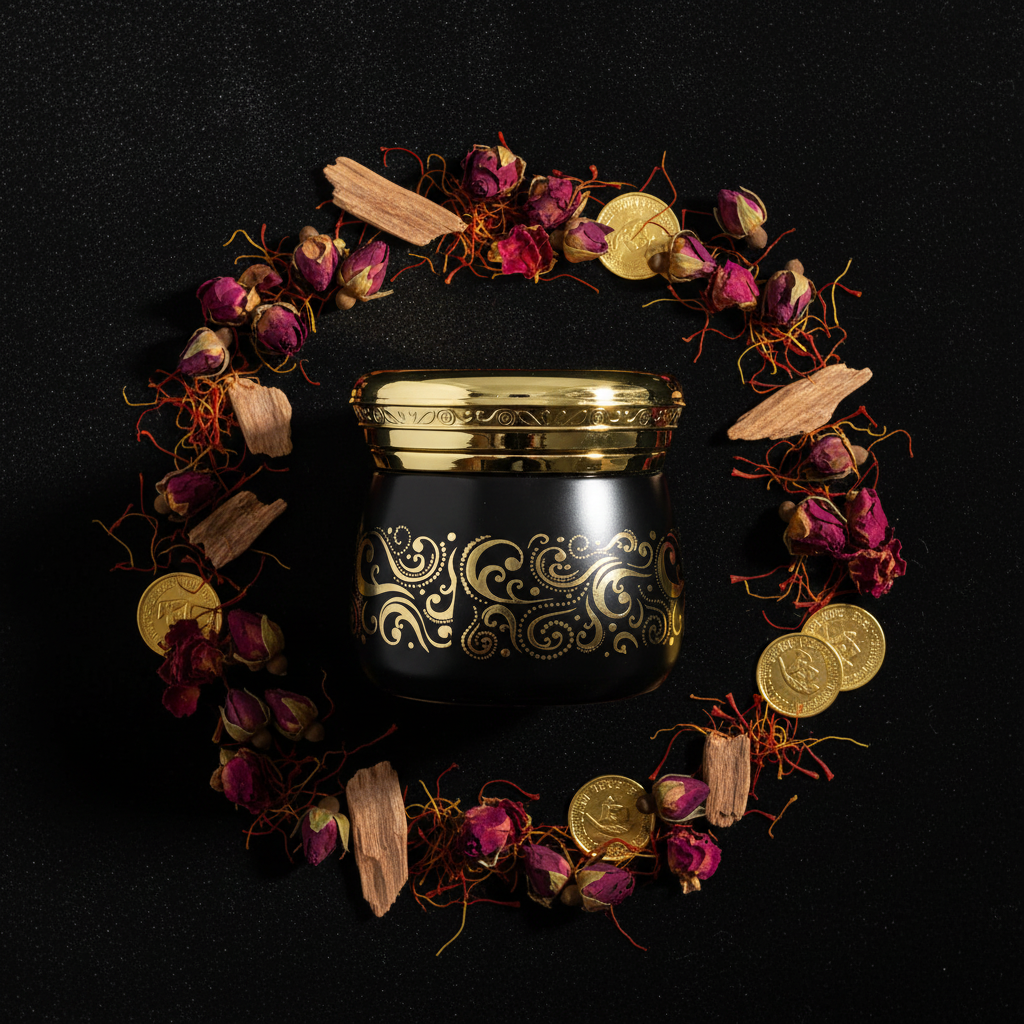 Black Gold Bakhoor Jar Flat Lay Overhead