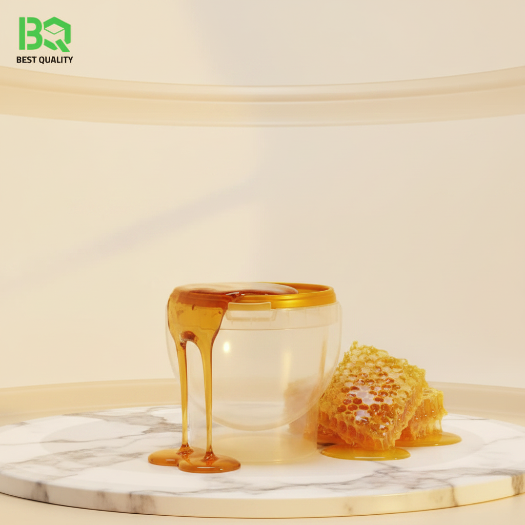 Clear plastic cup with gold rim on marble with honey and honeycomb